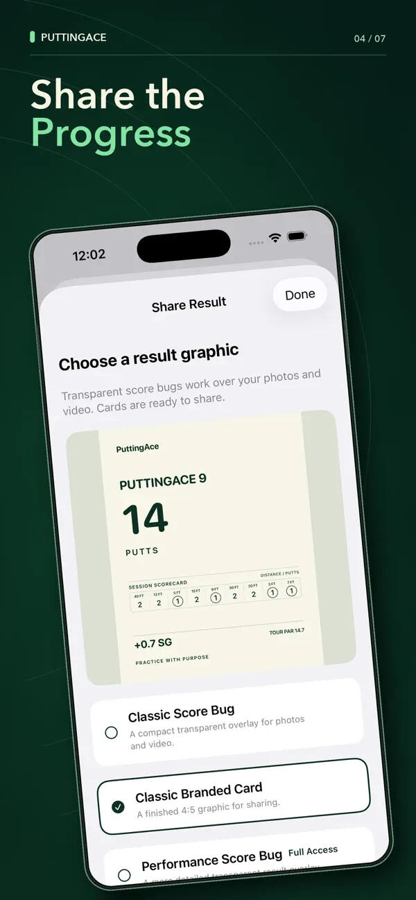 PuttingAce on iPhone showing the share-result screen with a branded scorecard, free templates, and clearly marked Full Access designs.